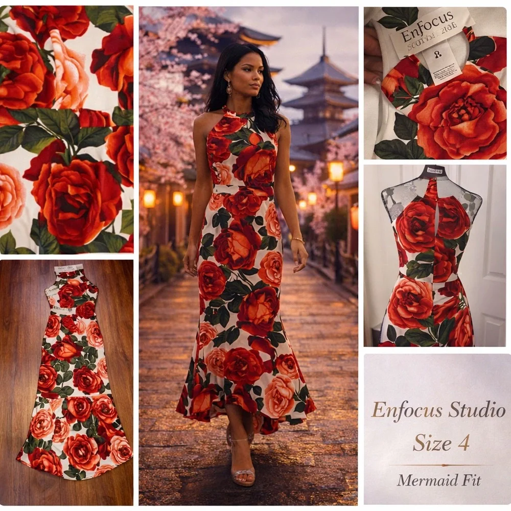 Enfocus Studio Floral Halter Maxi Dress Size 4 Red Roses Mermaid Style - Picture 2 of 10